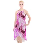 Pink Abstract Lineart High-Low Halter Chiffon Dress 