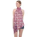 Whimsy Chickens Pattern Halter Asymmetric Satin Top