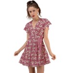 Whimsy Chickens Pattern Flutter Sleeve Wrap Dress