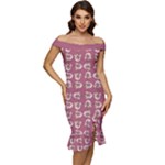 Whimsy Chickens Pattern Off Shoulder Ruffle Split Hem Bodycon Dress