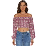 Whimsy Chickens Pattern Long Sleeve Crinkled Weave Crop Top