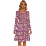 Whimsy Chickens Pattern Long Sleeve Dress With Pocket