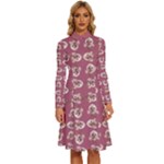 Whimsy Chickens Pattern Long Sleeve Shirt Collar A-Line Dress