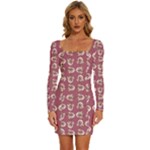 Whimsy Chickens Pattern Long Sleeve Square Neck Bodycon Velvet Dress