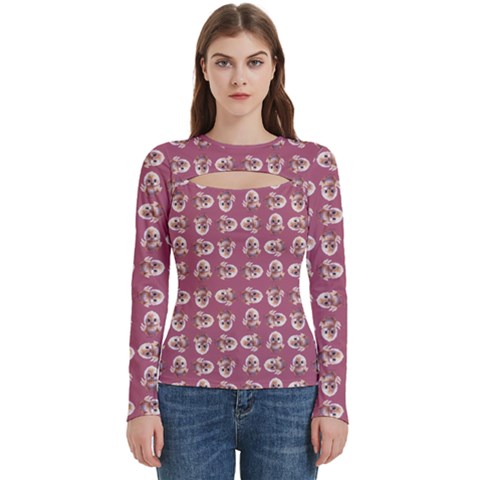 Whimsy Chickens Pattern Women s Cut Out Long Sleeve T