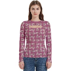 Whimsy Chickens Pattern Women s Cut Out Long Sleeve T