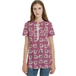 Whimsy Chickens Pattern Women s Zip Front V-Neck Short Sleeve Casual Top Pocket Shirt