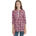 Whimsy Chickens Pattern Women s Zip Front V-Neck 3/4 Sleeve Casual Top Pocket Shirt