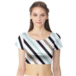 Pattern, Black, Blue, Gold, Lines, Stripes Short Sleeve Crop Top