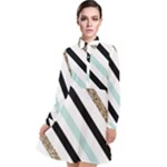 Pattern, Black, Blue, Gold, Lines, Stripes Long Sleeve Chiffon Shirt Dress