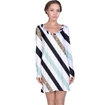 Pattern, Black, Blue, Gold, Lines, Stripes Long Sleeve Nightdress