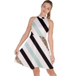 Pattern, Black, Blue, Gold, Lines, Stripes Sleeveless Halter Neck A-Line Dress