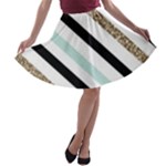 Pattern, Black, Blue, Gold, Lines, Stripes A-line Skater Skirt