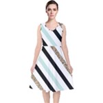 Pattern, Black, Blue, Gold, Lines, Stripes V-Neck Midi Sleeveless Dress 