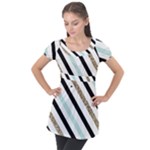 Pattern, Black, Blue, Gold, Lines, Stripes Puff Sleeve Tunic Top