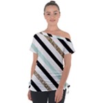 Pattern, Black, Blue, Gold, Lines, Stripes Off Shoulder Tie-Up T-Shirt