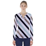 Pattern, Black, Blue, Gold, Lines, Stripes V-Neck Long Sleeve Top