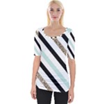 Pattern, Black, Blue, Gold, Lines, Stripes Wide Neckline T-Shirt