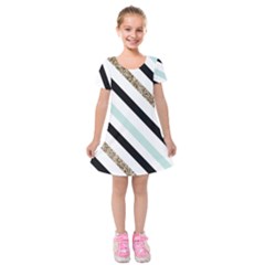 Pattern, Black, Blue, Gold, Lines, Stripes Kids  Short Sleeve Velvet Dress from ArtsNow.com