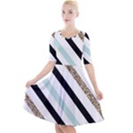 Pattern, Black, Blue, Gold, Lines, Stripes Quarter Sleeve A-Line Dress With Pockets