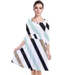 Pattern, Black, Blue, Gold, Lines, Stripes Quarter Sleeve Waist Band Dress