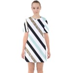 Pattern, Black, Blue, Gold, Lines, Stripes Sixties Short Sleeve Mini Dress