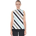 Pattern, Black, Blue, Gold, Lines, Stripes Mock Neck Shell Top