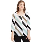 Pattern, Black, Blue, Gold, Lines, Stripes Chiffon Quarter Sleeve Blouse