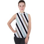 Pattern, Black, Blue, Gold, Lines, Stripes Mock Neck Chiffon Sleeveless Top