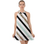 Pattern, Black, Blue, Gold, Lines, Stripes Halter Tie Back Chiffon Dress