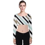 Pattern, Black, Blue, Gold, Lines, Stripes Velvet Long Sleeve Crop Top