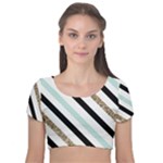 Pattern, Black, Blue, Gold, Lines, Stripes Velvet Short Sleeve Crop Top 