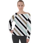 Pattern, Black, Blue, Gold, Lines, Stripes Off Shoulder Long Sleeve Velour Top