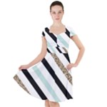 Pattern, Black, Blue, Gold, Lines, Stripes Cap Sleeve Midi Dress With Pockets