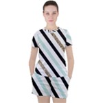 Pattern, Black, Blue, Gold, Lines, Stripes Women s T-Shirt and Shorts Set