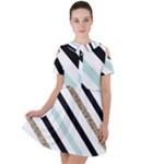 Pattern, Black, Blue, Gold, Lines, Stripes Short Sleeve Shoulder Cut Out Dress 