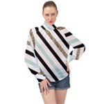 Pattern, Black, Blue, Gold, Lines, Stripes High Neck Long Sleeve Chiffon Top