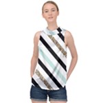 Pattern, Black, Blue, Gold, Lines, Stripes High Neck Satin Top