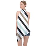 Pattern, Black, Blue, Gold, Lines, Stripes Halter Asymmetric Satin Top