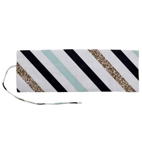 Pattern, Black, Blue, Gold, Lines, Stripes Roll Up Canvas Pencil Holder (M) from ArtsNow.com