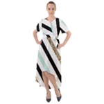 Pattern, Black, Blue, Gold, Lines, Stripes Front Wrap High Low Dress