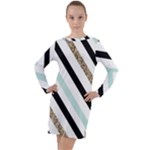 Pattern, Black, Blue, Gold, Lines, Stripes Long Sleeve Hoodie Dress