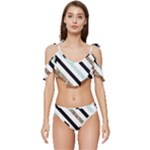 Pattern, Black, Blue, Gold, Lines, Stripes Ruffle Edge Tie Up Bikini Set	