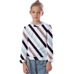 Pattern, Black, Blue, Gold, Lines, Stripes Kids  Frill Detail T-Shirt