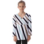 Pattern, Black, Blue, Gold, Lines, Stripes Kids  V Neck Casual Top