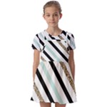 Pattern, Black, Blue, Gold, Lines, Stripes Kids  Short Sleeve Pinafore Style Dress