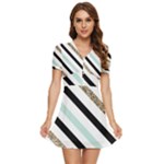 Pattern, Black, Blue, Gold, Lines, Stripes V-Neck High Waist Chiffon Mini Dress