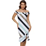 Pattern, Black, Blue, Gold, Lines, Stripes Off Shoulder Ruffle Split Hem Bodycon Dress