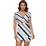 Pattern, Black, Blue, Gold, Lines, Stripes Low Cut Cap Sleeve Mini Dress