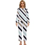 Pattern, Black, Blue, Gold, Lines, Stripes Womens  Long Sleeve Lightweight Pajamas Set